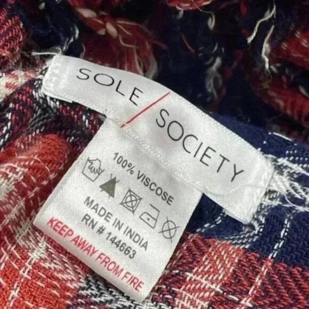 Sole Society Red Navy Blue Plaid Fringe Scarf Lightweight Herringbone Wrap